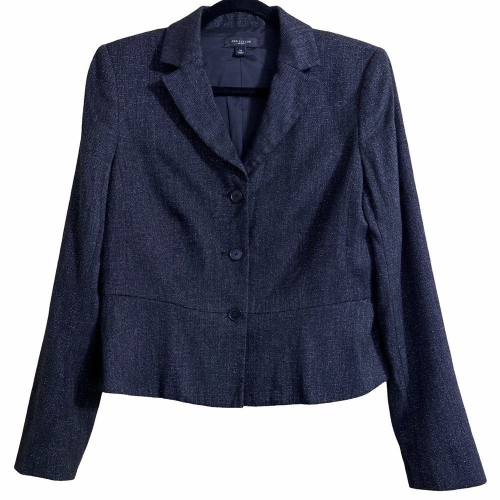 Ann Taylor Wool Blend Black Silver Shimmer Ruffle Back Career Blazer Size 12